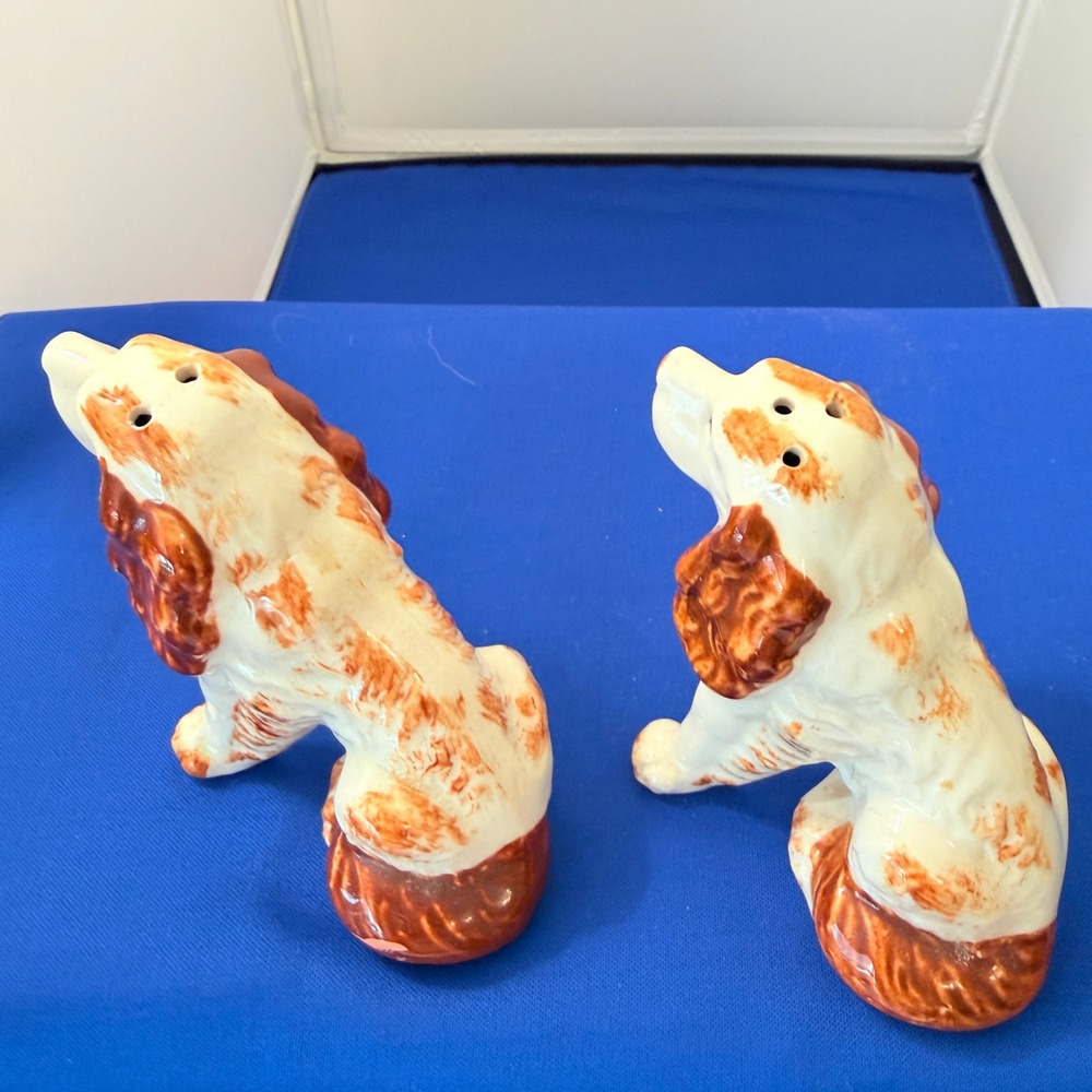 Vintage Spaniel Dog Salt and Pepper Shakers Ceramic Japan Brown White #2936 - Picture 11 of 13